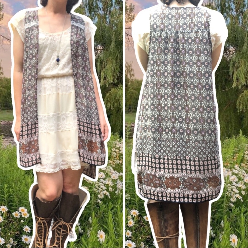 LoveOnTap Mixed Print Longline Sheer Vest with Crochet Insets, Size L